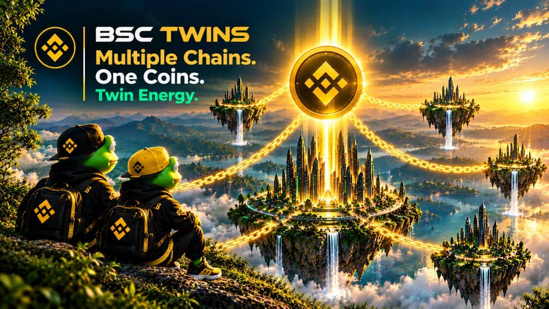 The BSC Twins frog mascots in black-and-gold caps looking out over a glowing city of floating islands